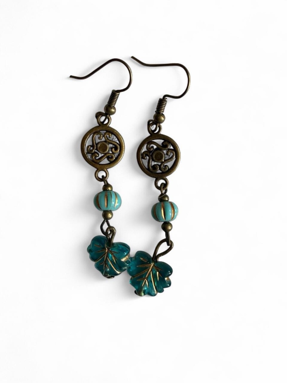 NEW Handmade Teal Leaf & Bronze Dangle Earrings - Boho Lightweight